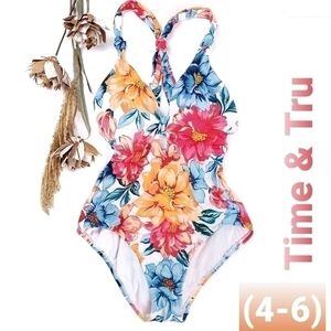 New Blue Pink Orange Floral One Piece Swimsuit 4-6
